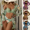 Conjunto de roupa de banho feminina, biquíni com estampa floral e cuecas de cintura alta, manga comprida, verão, roupa de praia para piscina