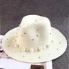 Summer British pearl beading flat brimmed straw hat Shading sun Lady beach Sunscreen fashion jazz cap 240311