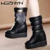 Stiefel Mode Mid Calf Stiefel Damenhöhe Erhöhung der Knöchelstiefel Plattform warme Winterschuhe Keil versteckte schwarze Reitstiefel mit hohen Absätzen