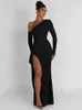 Mozision Oblique Shoulder Thigh High Split Maxi Dres Long Sleeve Backless Bodycon Sexy Club Party Dress Vestidos 240323