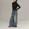 Damenjeans 2024 Frühling und Herbst Neue Retro-gewaschene hellblaue Mode Bodenwischen Damen-Stil Jeans mit weitem Bein
