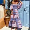 Casual jurken zomer vintage lange jurk vrouw mode geruite print grote schommel a-lijn strand dames sexy off-the-shoulder maxi