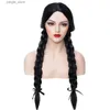Synthetic Wigs Black Wig with Two Long Braided Piils for Woman Party Wig Daily Wig Cosplay Wig (Black) Y240401