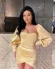 Robe de Cocktail jaune clair, sexy, manches longues, décolleté en cœur, robes de bal courtes, plis, mini fête, robe d'occasion spéciale