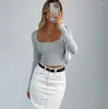 Kvinnors T-skjortor Solid Color Women Slim Fit Crop Tops Basic Casual Long Sleeve Square Neck Female Sexiga tees Bluses T-shirt