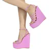 Elbise Ayakkabı 16cm Yüksek Kama Ayakkabıları Kadınlar İçin Yaz Moda Patent Deri Dil Dar Bant Açık Toe Platform Topuklar Sandal Kadın H2404011G63