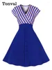 Party Dresses Tonval Blue Striped Patchwork High Waist A Line Summer Dress For Women 2024 V-Neck Single Breasted Vintage