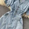 Grundlegende Casual Kleider Vintage V-ausschnitt Frauen Denim Kleid Sommer Kurzarm Meerjungfrau Weibliche Dünne Lange Jean Schlitz Vestidos yq240402