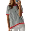 T-shirt da donna Top estivi da donna Girocollo casual Manica corta Camicetta pullover alla moda a righe color block lavorata a maglia alta e bassa