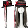 Berets Vintage Adulto Mulheres Steampunk Flat Top Hat com Halloween Cor Flor Feltro Gótico Cosplay Mágico