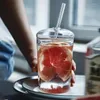 Copos de vinho moda copo de vidro transparente com tampa e palha caneca de café chá suco leite copos de água drinkware presentes do amigo