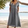 Summer Casual Long Dres V Neck Short Sleeve Button Party Dresses for Women Fashion Maxi Boho 240326