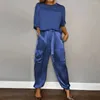 Women's Two Piece Pants Double Pocket Women Suit Elegant Satin Top Set With Lace-up Waist Three Quarter Sleeves Casual Pockets Soft