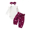 Zestawy odzieżowe Born Girl Fall Winter Stroje liter Drukuj spodnie kwiatowe romper z opaską na głowę 3PCS Ubrania dla dzieci