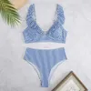 Sexy ARXIPA Bikinis Zweiteiliger Badeanzug für Frauen Rüschen Badeanzug mit hoher Taille Gepolsterter Push-Up-Beachwear Brasilianischer Streifendruck Tiefer V-Ausschnitt Crop Top Plunge