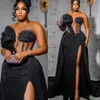 2024 Africa Black Mermaid Evening Dresses with Detachable Train Sheer Crew Neck Long Sleeve Side Split Beads Formal Party Occasion Dress 0401