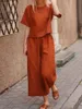 Femmes coton lin costume mode confortable à manches courtes et pantalons longs couleur unie décontracté ample surdimensionné ensembles d'été robe haut 240319