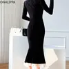 Abiti casual Onalippa Volant in pizzo Abito in velluto Colletto quadrato Manica lunga a coda di pesce Hip Maxi Coreano Hepburn Vento Nero Abiti Donna