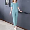 Pantalon de deux pièces pour femmes 2024 Été Mode Coton Soie Femmes Costume À Manches Courtes Col Ras Du Cou Hauts Recadrée Lâche Loisirs Dames Ensemble