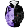 Herrtröjor tröjor svartvitt vargtryck 3d herr hoodies mode djurmönster kvinnliga tröjor fritidspulljackor kappa 24328