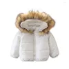 Down ceket çocuk kız 2024 kış sıcak yürümeye başlayan çocuk bebek bebek kürk kapüşonlu saf beyaz kapüşon moda zip yukarı dış giyim parkas