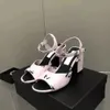 Designer sandali classici in pelle tacco alto scarpe da donna estate ufficio matrimonio bottone punta aperta decorazione fibbia sexy tacchi spessi