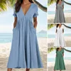 Party Dresses Casual Boho Skirt Elegant V Neck A-line Midi Dress With Pleated Hem Short Sleeves Pockets Women's Summer Vacation Beachwear