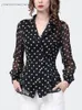 Blouses Femmes 2024 Printemps Été Femmes À Manches Longues Noir Polka Dots Chemisier En Mousseline De Soie Dames Top Élégant Skinny Costume Col Casual Petit