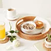 Table Mats Round Rattan Tray Wicker With 6 Coasters Home Decor For Breakfast And Coffee Tables Fruit Basket