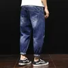 Homens verão rasgado tornozelo comprimento plus size jeans 38 40 42 harem buracos hip hop calças denim riscado solto meninos calças 240311