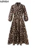 Casual Jurken VONDA 2024 Zomer Vrouwen Jurk Bohemian Elegante Luipaardprint Lange Lantaarn Mouw Losse V-hals Party Robe Femme