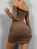 Casual jurken sexy off-shoulder jurk met lange mouwen laag uitgesneden v-hals bodycon geplooide ruches backless tweedelige set dames feest elegant