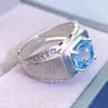 Cluster-Ringe Herren-Ring, natürlicher echter blauer Topas, runder Stil, 925er Sterlingsilber, 8,8 mm, 2,5 ct Edelstein, feiner Schmuck, L231088