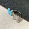 Designer Vanclef Clover Ring Fanjia V Gold High Ding Butterfly Ring White Fritillaria Double anneau de diamant complet Blue Turquoise Fashion Precision Edition