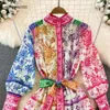 Jurken Lente Casual Vakantie Roze Maxi Jurk Dameskleding Coltrui Lange Lantaarn Mouw Bloem Retro Print Riem Chiffon Losse Vestidos 2023