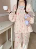 Home Clothing Cartoon Lace Print Sweet Cute Spring Korean Long Sleeve Pajama Set Women Loose Elegant Sleepwear Bow Tie Comfortable Ins