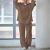 Kadınlar İki Parçalı Pantolon Düz 2 PC/Set Şık Yuvarlak Boyun Saf Renk Gömlek Set Derin Kasık Kadın Kıyafet Elastik Bel Evi için Elastik Bel Dhsse