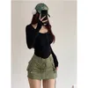 Mulheres Camisetas Verão TVVOVVIN 2024 Moda Sexy Botão Elástico Manga Longa T-shirt Curto Slim Underlay Top Vestindo Menina UE7N