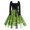 Lässige Kleider für Damen, modisch, quadratischer Ausschnitt, lange Ärmel, St. Patrick's Day, bedruckt, Vintage, elegant, ärmellos, Blumenmuster