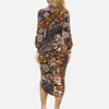 Casual Kleider Schöne Frühling Herbst Frauen Leopard Kleid Schlank Tiefem V-ausschnitt Druck Patchwork Langarm Split Elegante Weibliche