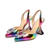 Pumps Rainbow Color Women Sandals Pointed Toe Sun Style Rhinestone High Heels Weeding Shoes Spike Heel Slingback Pumps dfv567