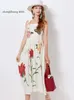 Basic 2024 Casual Dresses High Quality Design Lace Up Butterfly Flower Embroidery Dress Women Print Spaghetti Strap Slim Waist Long 2024