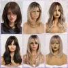 شعر Wigs Jonrenau Middle Long Straight Hair مع Bangs Ombre Brown to Blonde Blonde Dark Roots شعر مستعار اصطناعي للنساء شعر مقاومة الحرارة