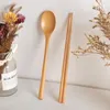 Flatware Sets 1 Set/2pcs Korean Wooden Tableware Spoon Chopsticks 2-piece Set Solid Wood Long Handle Portable