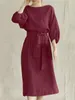 Casual Dresses Solid Color O-Neck High midje snörning för kvinnor vårens höst Elegant midi-klänning 2024 Party Women's