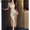 Casual Dresses Ladies Dress Temperament Stand Collar Hollow Midje retraktion Slim Sexig Split Flower Vintage Elegant Cheongsam Women's