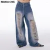 Kvinnors jeans reddachic bandage rippade baggy för kvinnor 90 -talets vintage blå blekt breda benbyxor hål lösa denimbyxor acubi mode