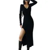 Casual Dresses Solid Color Women Dress Elegant V Neck Maxi With Side Split Hem For Slim Fit Knitted Ankle Length Sheath