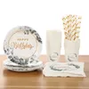 85Pcsset Eucalyptus Joyeux Anniversaire Vaisselle Jetable Assiette En Papier Tasse Serviettes Feuille Verte Fête D'anniversaire Décoration Fournitures 240319