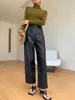 Pantalon en cuir véritable pour femme, vêtement d'hiver en peau de mouton, taille haute, jambes larges, droit, Baggy, 2024